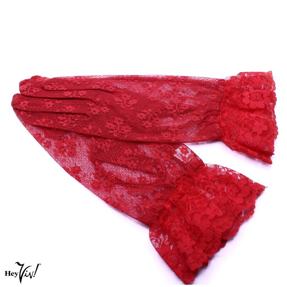 Red Lace Gloves Wrist Length w Ruffle Dressy Weddings Party Bridal Prom - Picture 3 of 4